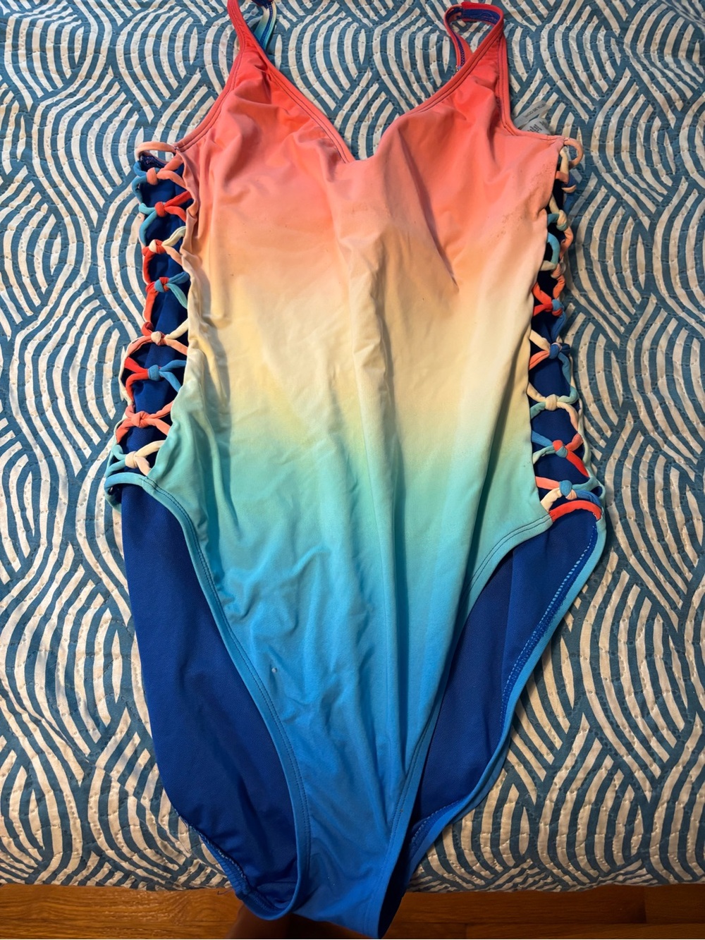 Red White Blue Ombre One-Piece Swimsuit with Side Lace-Up